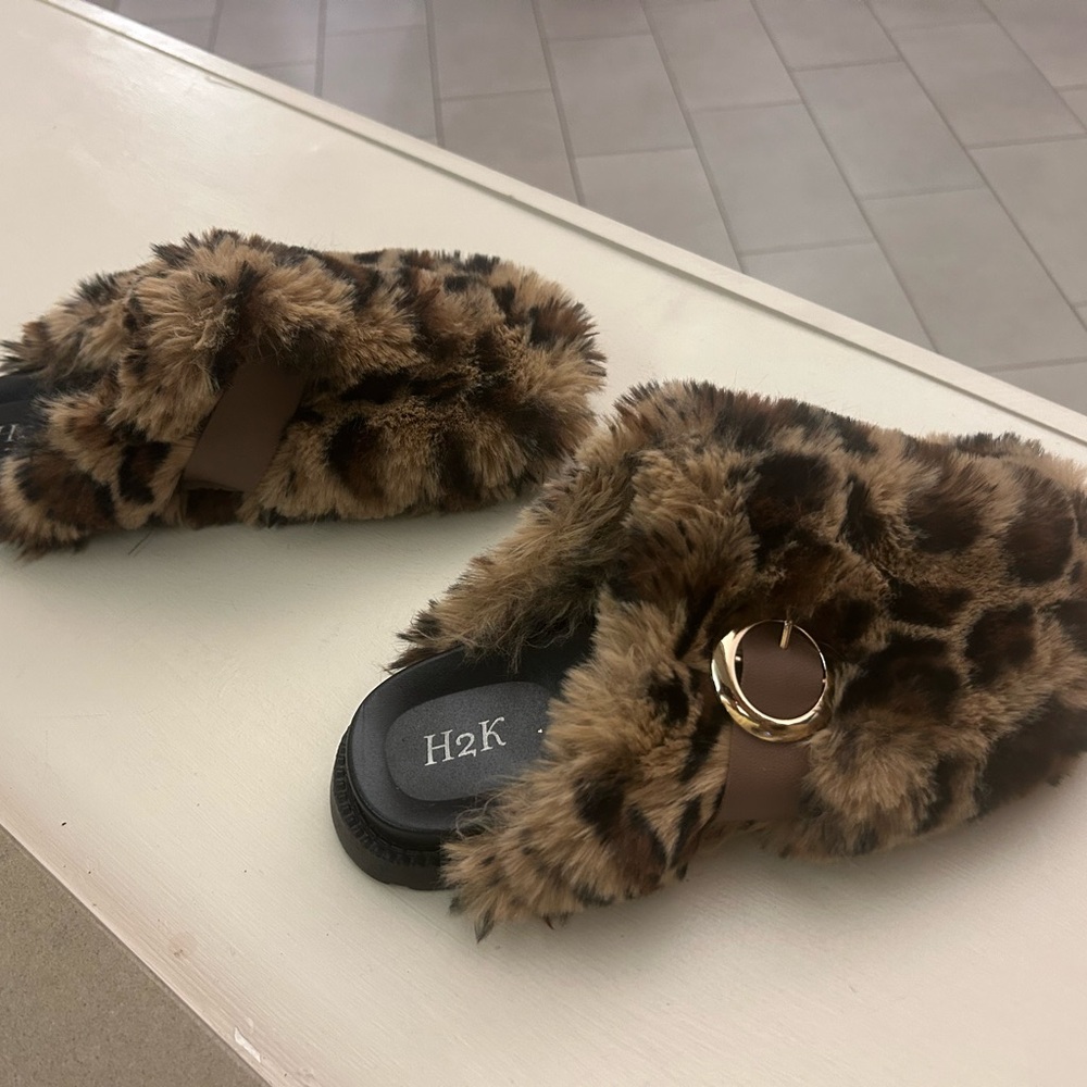 Slides H2K Leopard Print Fur Slides-11-Comfy!!! Like new-clean